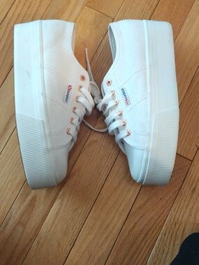 Superga White Canvas Platform Sneakers with Rose Gold Eyelets
